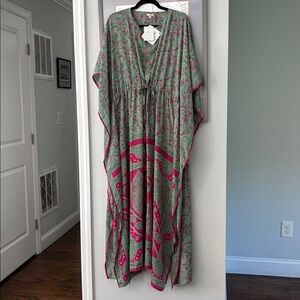 Elegant Green & Pink Maxi Dress 58” long 32” slits on both sides. NEVER WORN NWT